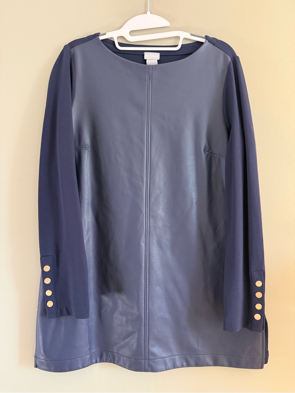Chico’s Navy Faux Leather Front Tunic Top Gold Button Sleeve Size 1